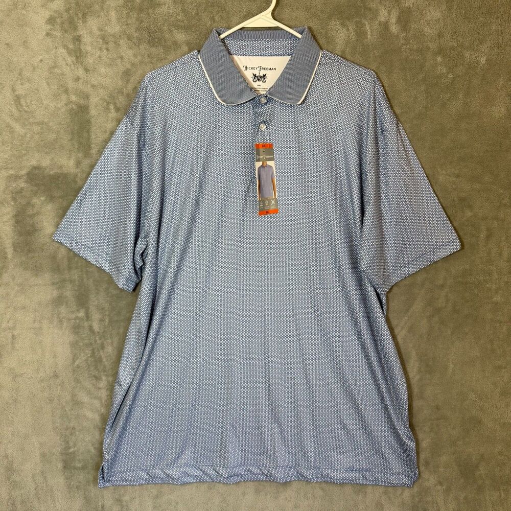 NWT Hickey Freeman Golf Shirt Mens 2XL Blue Geometric Print Performance Polo XXL